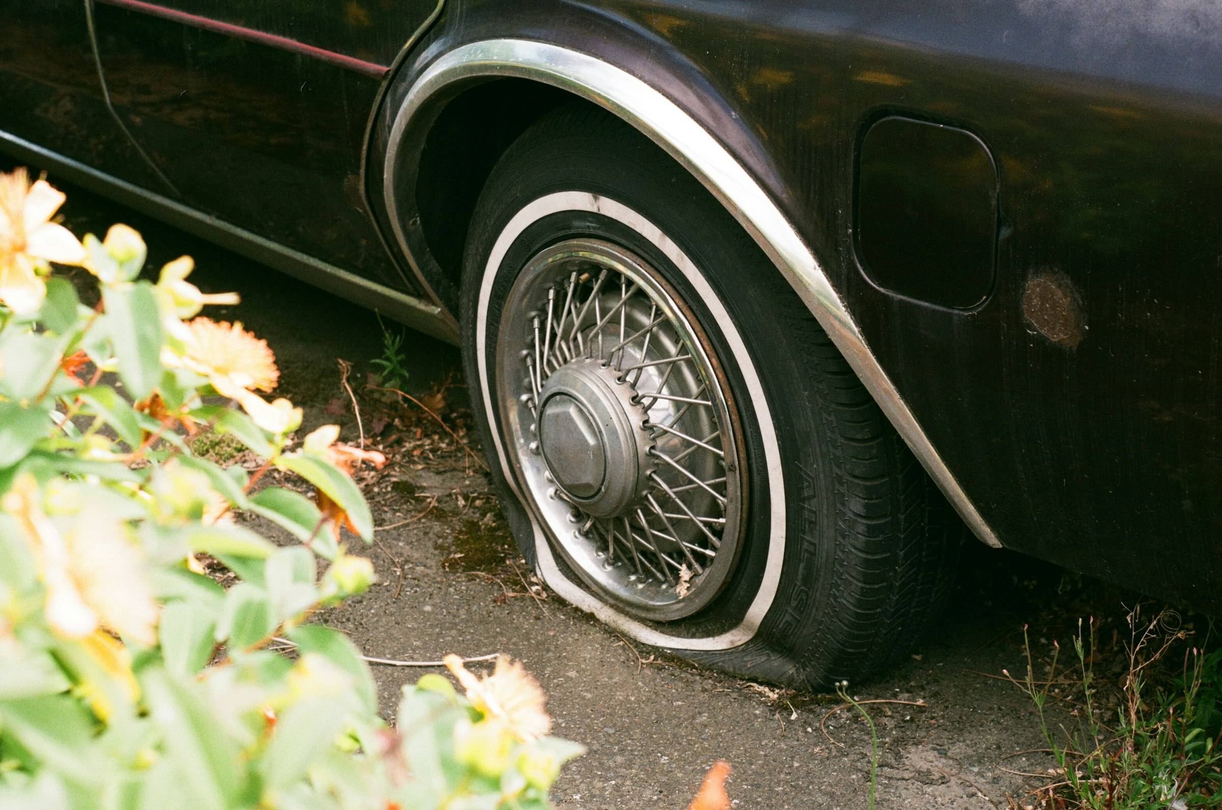 A car wheel with a completely flat tire resting on the ground